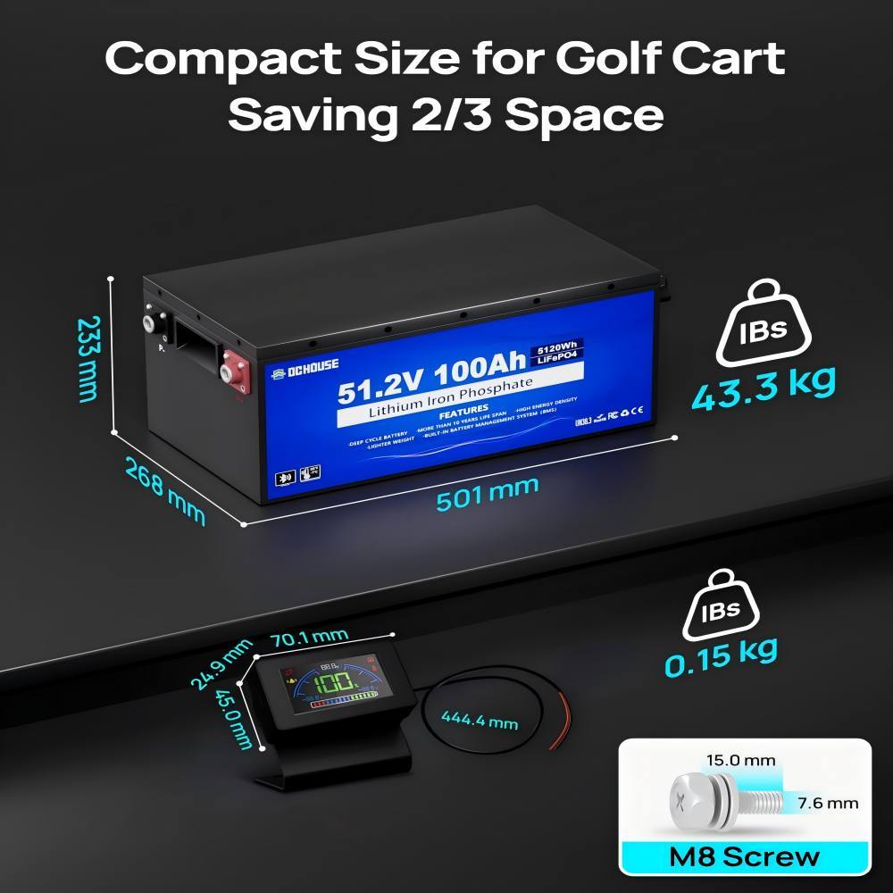 48 V 100 Ah LiFePO4 Golf Cart Battery with Bluetooth Battery Monitor and 18 A Charger Low Temperature Shut-Off Function, 8000+Deep Cycle Batteries,Robust Metal Housing, Suitable for Golf Carts, Solarlarge, RV