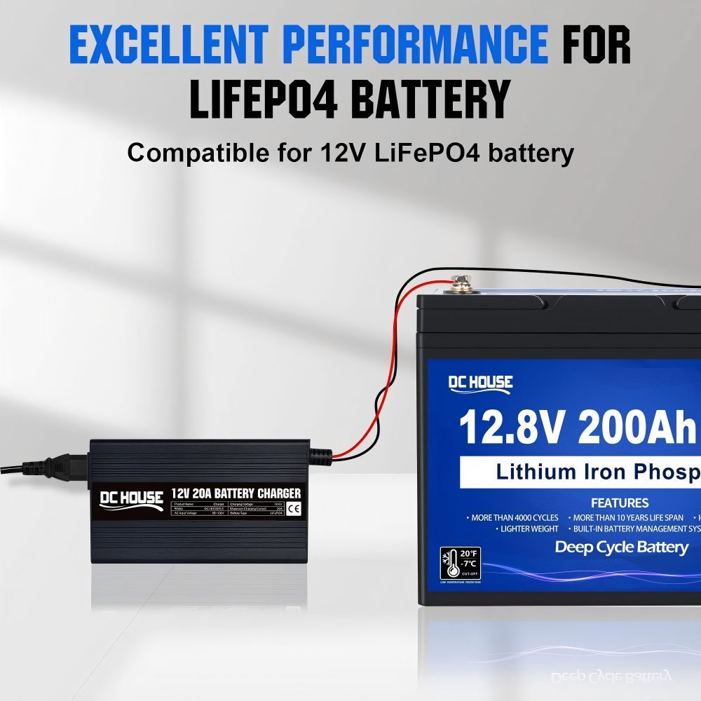 12V 200 Ah LiFePO4 Battery with 20 A Charger, Lithium Battery 12 V with 8000+ Times Deep Cycles and BMS, Deep Cycle Batteries for Motorhomes, Solar Systems, Caravans, Off-Grid Applications