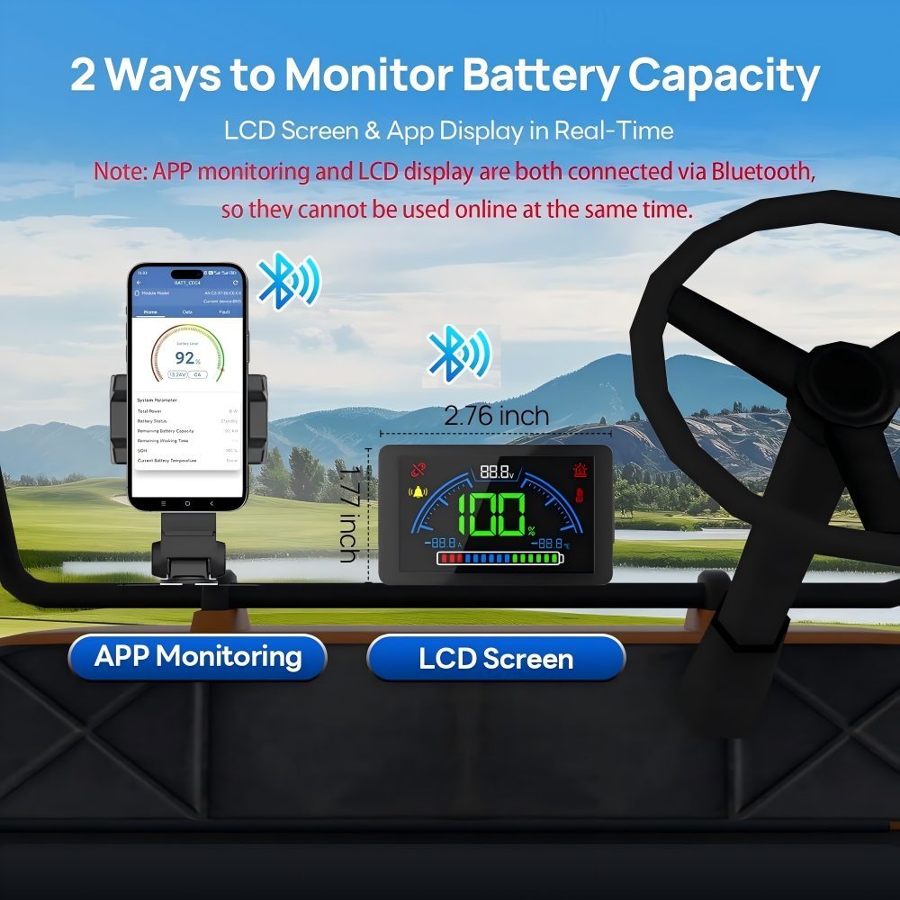 48V 100Ah Lifepo4 Golf Cart Lithium Battery, with 48V 18A Lithium Battery Charger, Integrated Smart 200A BMS, LCD Monitor & Mobile App, 8000+Deep Cycle Batteries,Peak Current 600A
