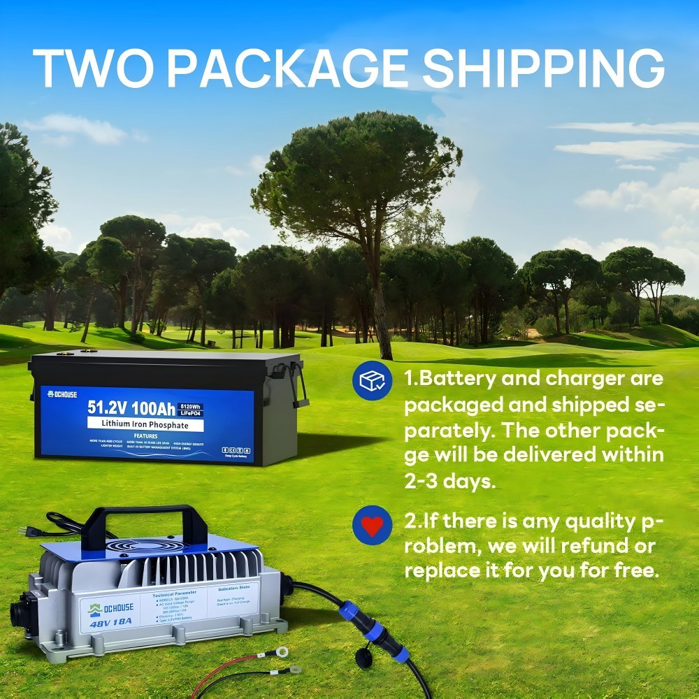 48V 100Ah Lifepo4 Golf Cart Lithium Battery, with 48V 18A Lithium Battery Charger, Integrated Smart 200A BMS, LCD Monitor & Mobile App, 8000+Deep Cycle Batteries,Peak Current 600A