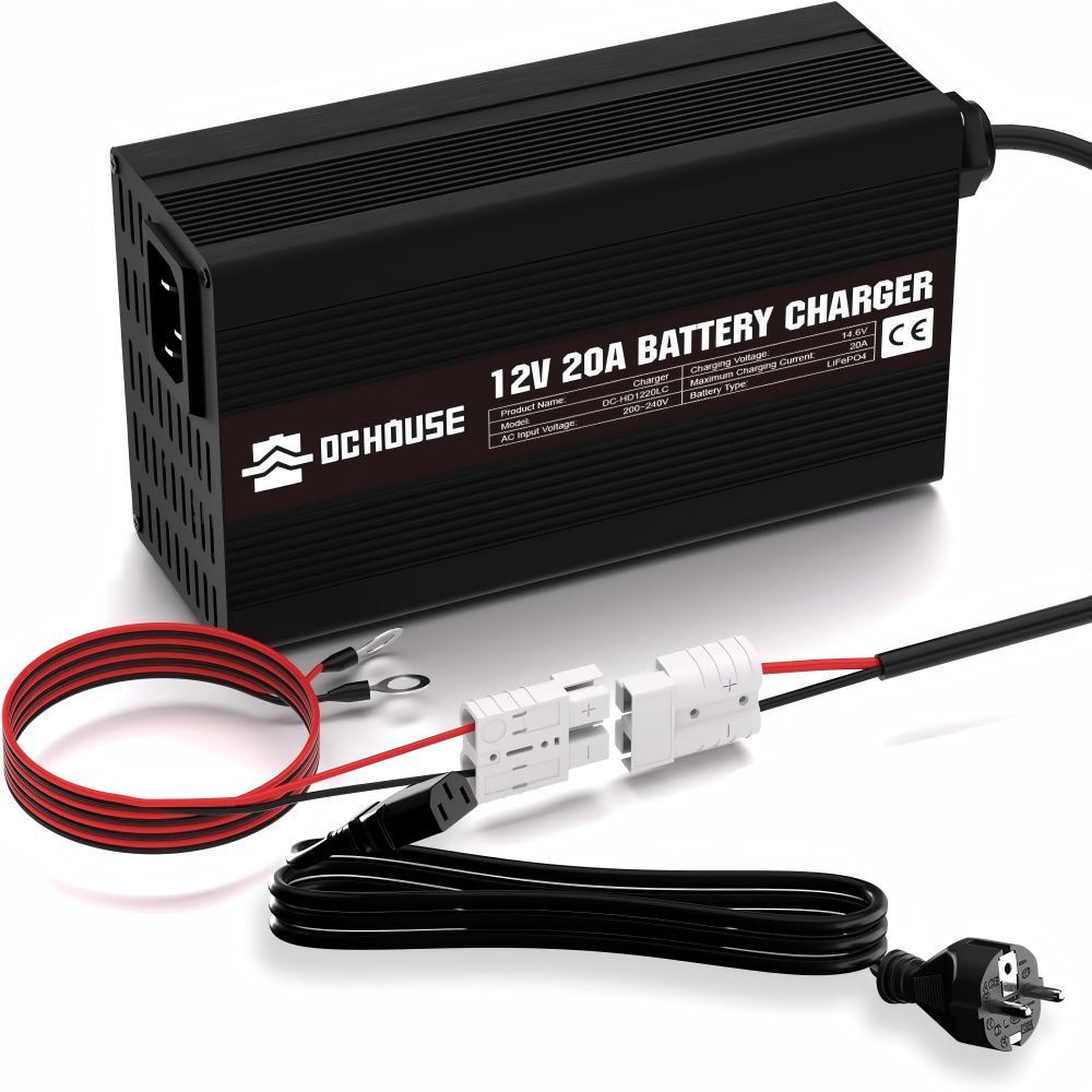 12V 20A Lithium Battery Charger Car Battery Charger 14.6V LiFePO4 Battery Charger with Battery Quick Connector LED Display Smart Fast Charging for Deep Cycle Rechargeable Battery from Boat, RV
