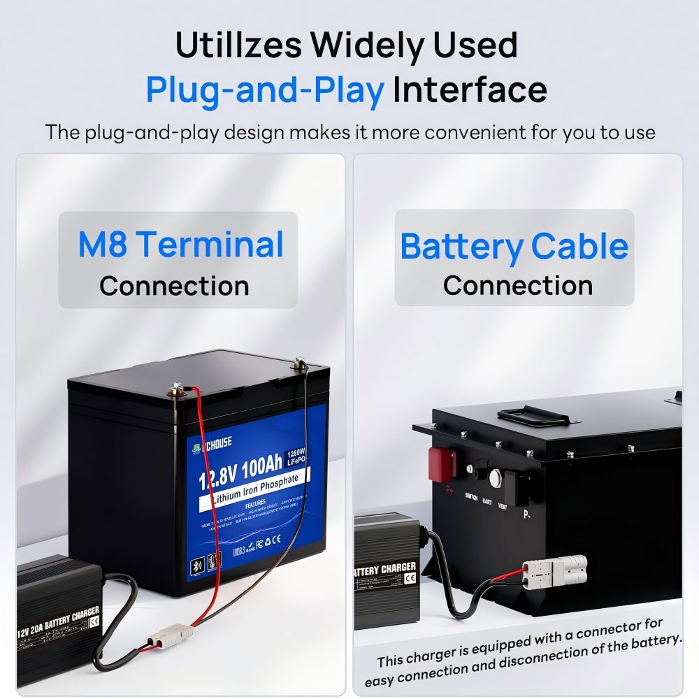 12V 20A Lithium Battery Charger Car Battery Charger 14.6V LiFePO4 Battery Charger with Battery Quick Connector LED Display Smart Fast Charging for Deep Cycle Rechargeable Battery from Boat, RV
