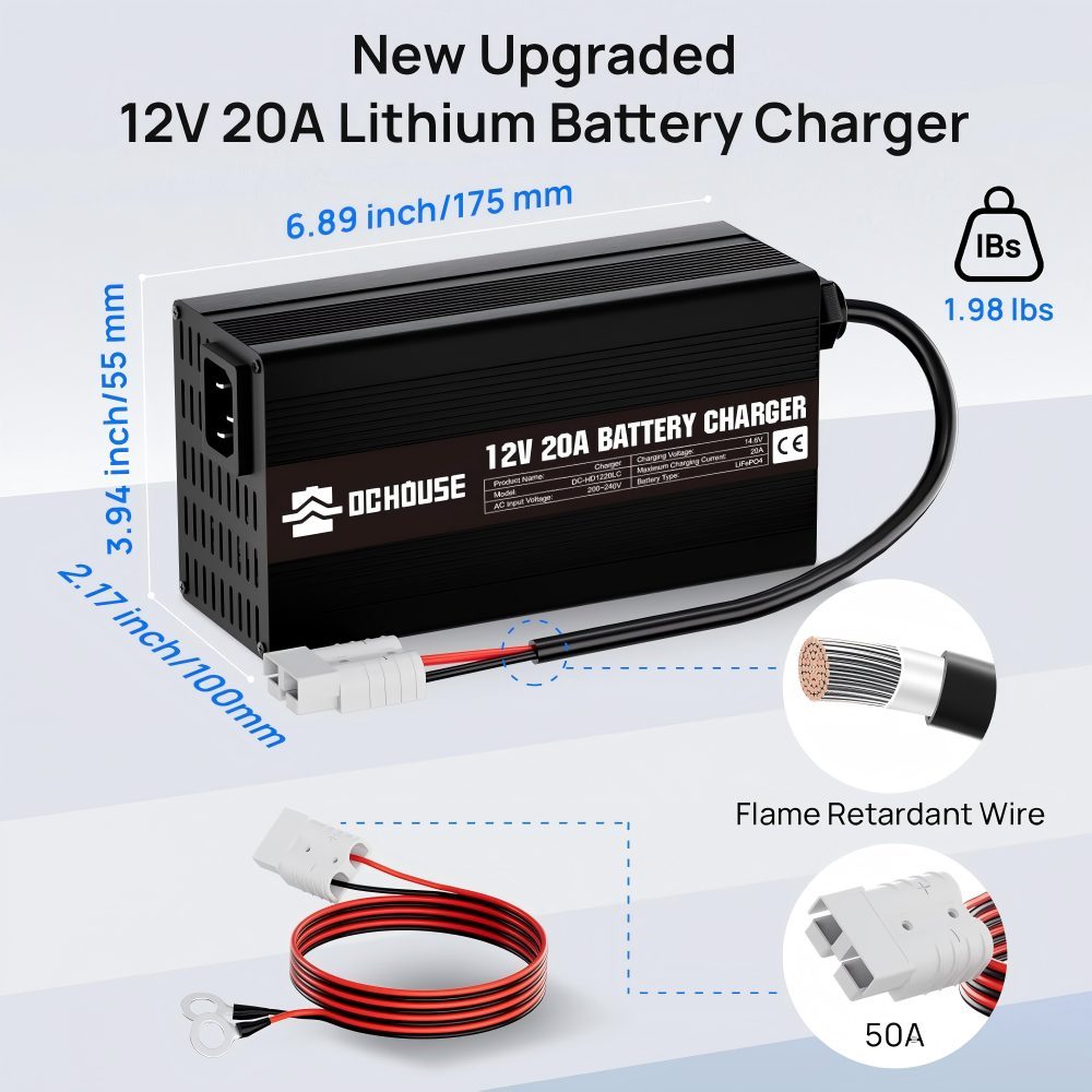 12V 20A Lithium Battery Charger Car Battery Charger 14.6V LiFePO4 Battery Charger with Battery Quick Connector LED Display Smart Fast Charging for Deep Cycle Rechargeable Battery from Boat, RV