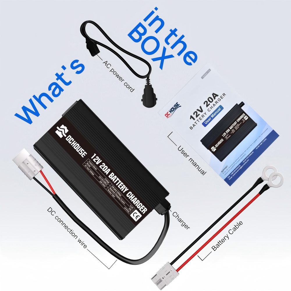 12V 20A Lithium Battery Charger Car Battery Charger 14.6V LiFePO4 Battery Charger with Battery Quick Connector LED Display Smart Fast Charging for Deep Cycle Rechargeable Battery from Boat, RV