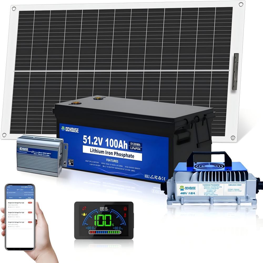 48V 100Ah Golf Cart Solar System, Automotive Replacement Batteries,130W Flexible Solar Panel + LiFePO4 Battery 5120Wh + 300W MPPT Controller, 520Wh/Day, 200A BMS，99% Charging Efficiency