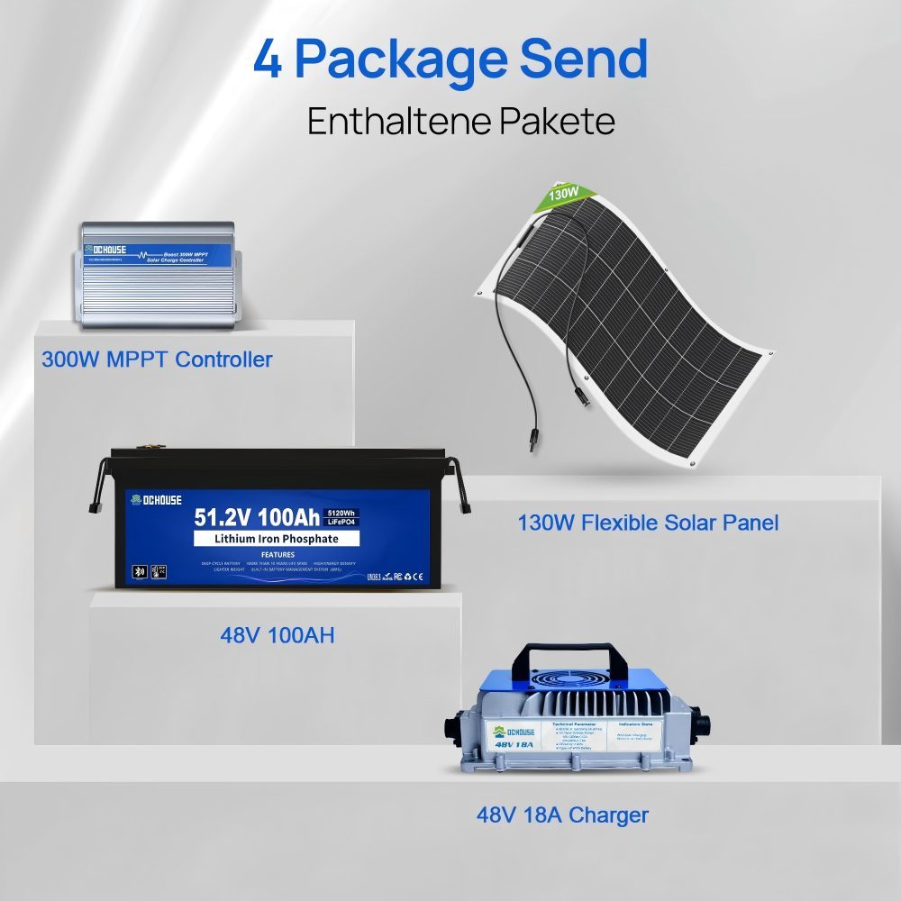 48V 100Ah Golf Cart Solar System, Automotive Replacement Batteries,130W Flexible Solar Panel + LiFePO4 Battery 5120Wh + 300W MPPT Controller, 520Wh/Day, 200A BMS，99% Charging Efficiency