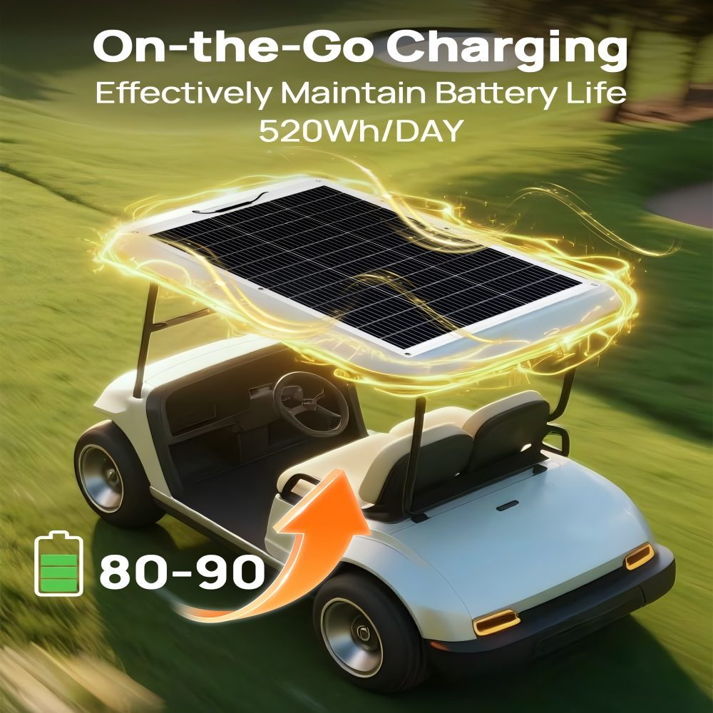 48V 100Ah Golf Cart Solar System, Automotive Replacement Batteries,130W Flexible Solar Panel + LiFePO4 Battery 5120Wh + 300W MPPT Controller, 520Wh/Day, 200A BMS，99% Charging Efficiency