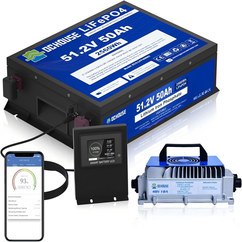 48V 50Ah Mini LiFePO4 Golf Cart Battery Kit with 18A Battery Charger, 8000+Deep Cycle Batteries,Bluetooth Mobile APP &Touch LCD Monitor, Low Temp Cut-Off, 2C-100A BMS, Peak Current 200A for Ryobi Mowers, Golf Carts