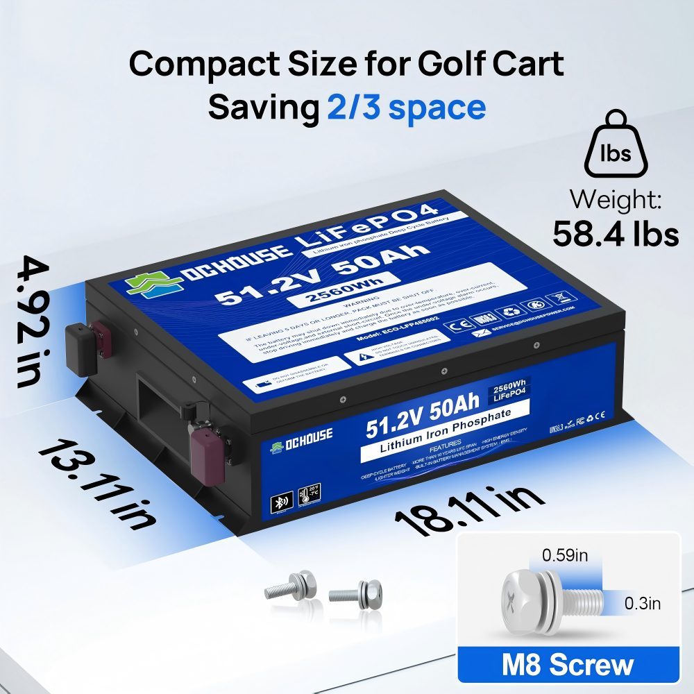 48V 50Ah Mini LiFePO4 Golf Cart Battery Kit with 18A Battery Charger, 8000+Deep Cycle Batteries,Bluetooth Mobile APP &Touch LCD Monitor, Low Temp Cut-Off, 2C-100A BMS, Peak Current 200A for Ryobi Mowers, Golf Carts