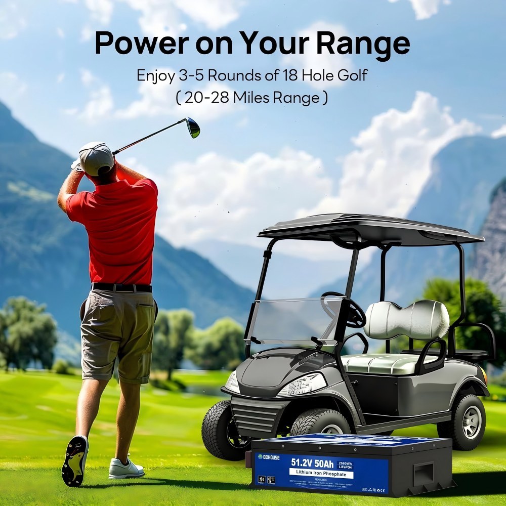 48V 50Ah Mini LiFePO4 Golf Cart Battery Kit with 18A Battery Charger, 8000+Deep Cycle Batteries,Bluetooth Mobile APP &Touch LCD Monitor, Low Temp Cut-Off, 2C-100A BMS, Peak Current 200A for Ryobi Mowers, Golf Carts