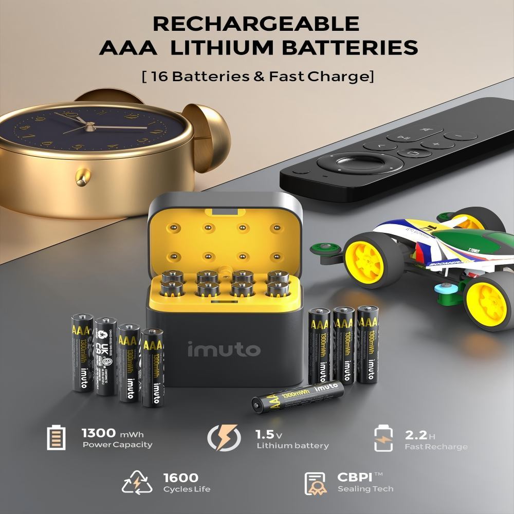 Rechargeable Household Batteries Rechargeable AAA Batteries Pack of 16 Lithium Batteries with Charger, 1300 mWh 1.5V Constant Cleavage, Durable and Quick Charging