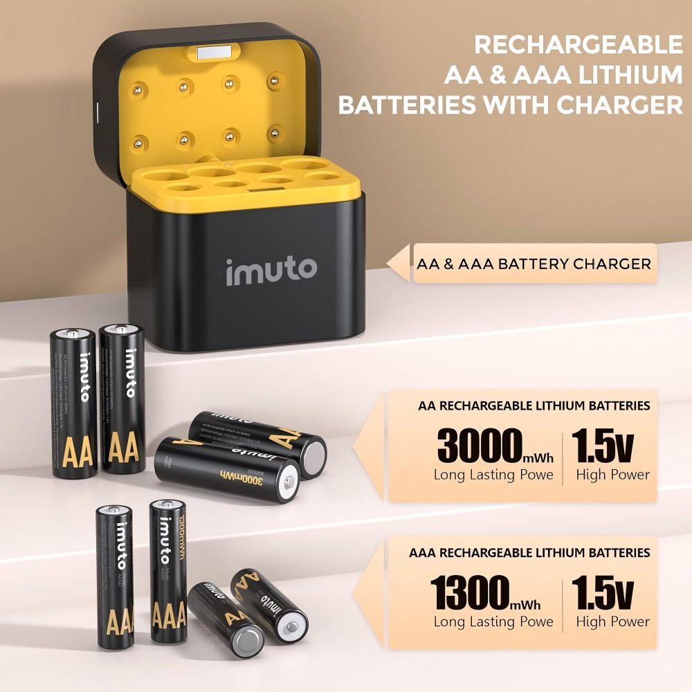 Rechargeable 4 pcs AAA and 4 pcs AA Batteries Lithium with Charger,8 Pack 1.5 V Triple A Double A Batteries Rechargeable, Long Lasting Lithium Battery with Integrated Charging Storage Box(4AAA+4AA)