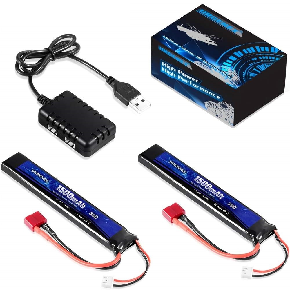 Airsoft Battery 7.4 V 1500 mAh 35C High Discharge Rate Lipo Battery Pack with Deans T Plug Rechargeable 2S Lipo Battery for Airsoft Model Guns
