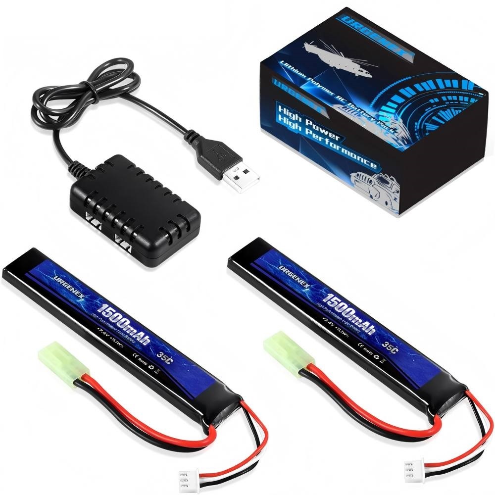 Airsoft Battery 7.4 V 1500 mAh 35C High Discharge Rate Lipo Battery Pack with Mini Plug Rechargeable 2S Lipo Battery for Airsoft Model Guns