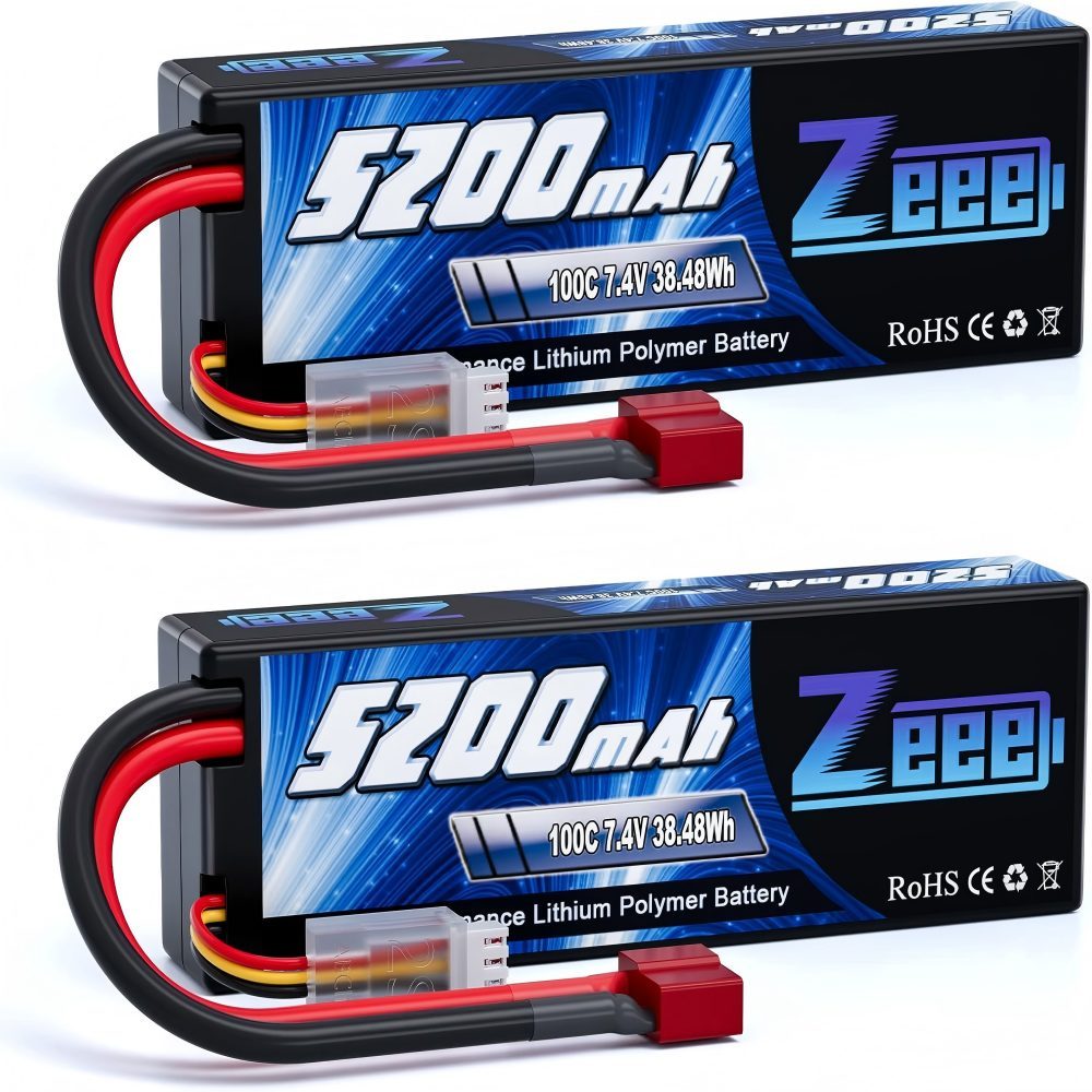 2S LiPo Battery 7.4 V 100 C 5200 mAh with T Connector Hard Case Battery for RC Car, RC Plane, RC Helicopter, RC Hobby (2 Packs)