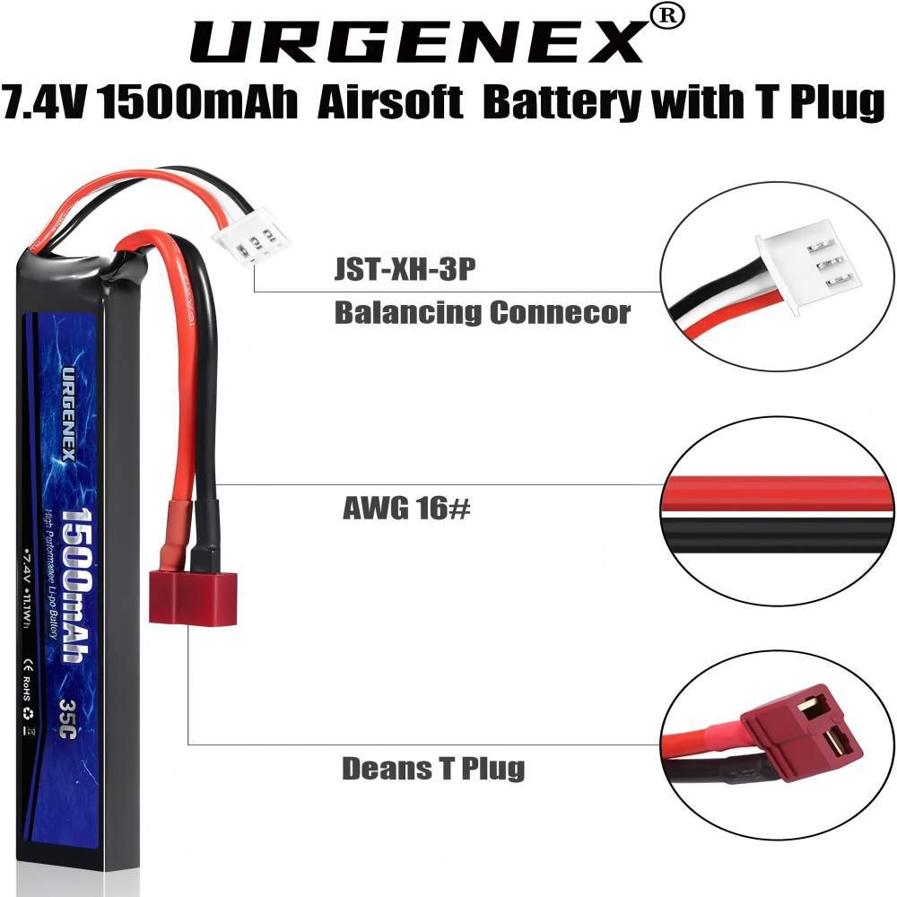 Airsoft Battery 7.4 V 1500 mAh 35C High Discharge Rate Lipo Battery Pack with Deans T Plug Rechargeable 2S Lipo Battery for Airsoft Model Guns