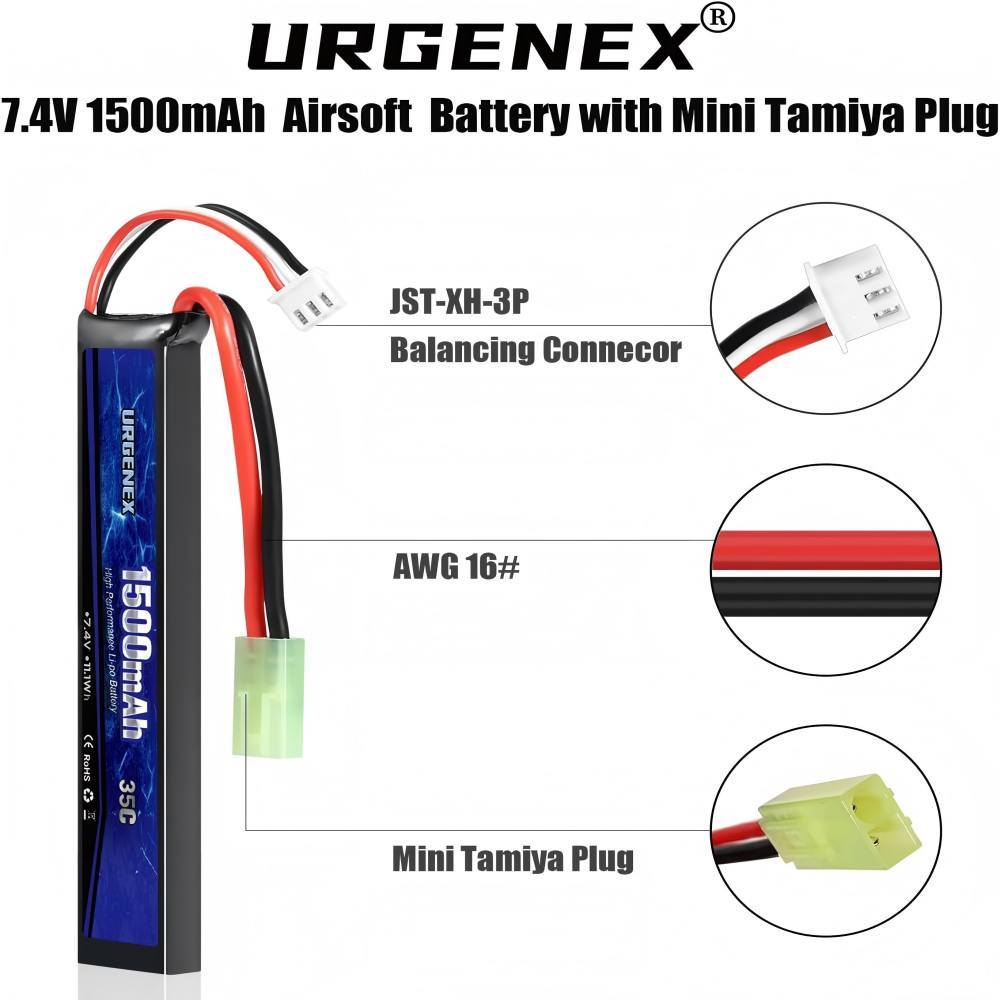 Airsoft Battery 7.4 V 1500 mAh 35C High Discharge Rate Lipo Battery Pack with Mini Plug Rechargeable 2S Lipo Battery for Airsoft Model Guns