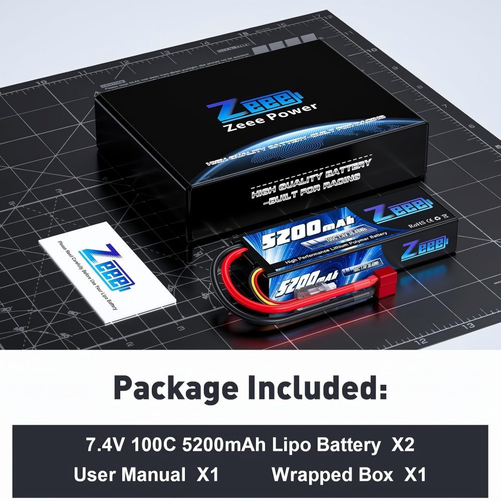 2S LiPo Battery 7.4 V 100 C 5200 mAh with T Connector Hard Case Battery for RC Car, RC Plane, RC Helicopter, RC Hobby (2 Packs)