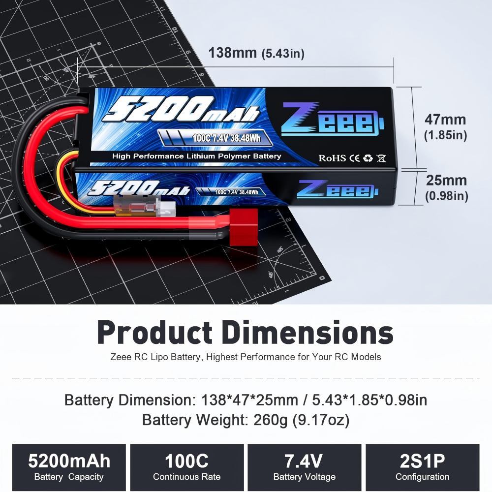 2S LiPo Battery 7.4 V 100 C 5200 mAh with T Connector Hard Case Battery for RC Car, RC Plane, RC Helicopter, RC Hobby (2 Packs)