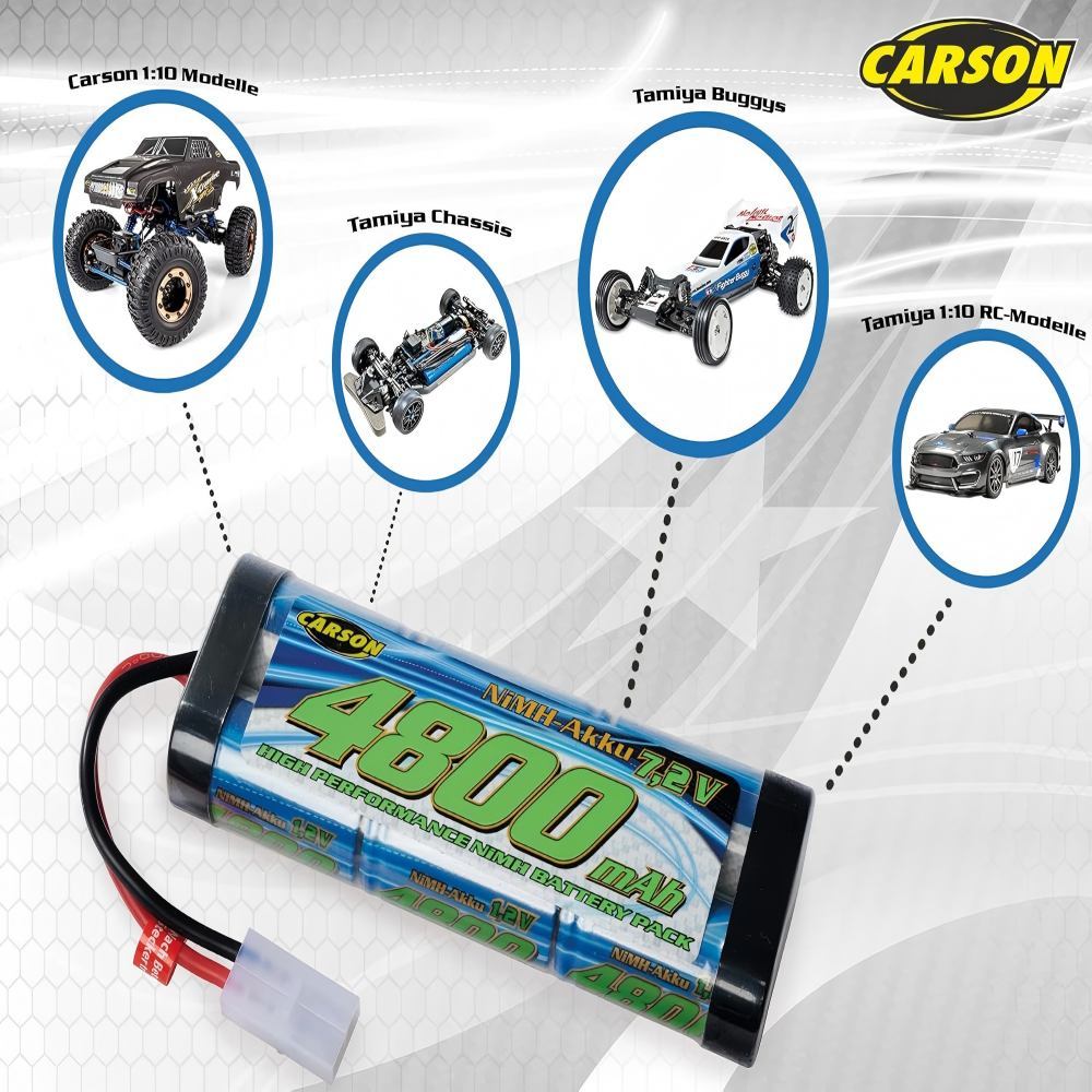 Carson 500608228-7.2 V/4800 mAh NiMH Race Battery TAM, Rechargeable, with Tamiya Plug, Battery Pack for RC Car, Replacement Battery Remote Controlled Vehicle, High Quality, Model Making, Multicoloured