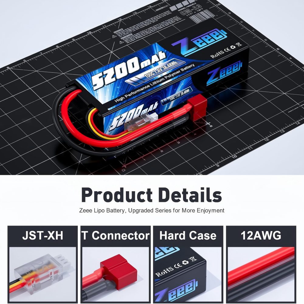 2S LiPo Battery 7.4 V 100 C 5200 mAh with T Connector Hard Case Battery for RC Car, RC Plane, RC Helicopter, RC Hobby (2 Packs)
