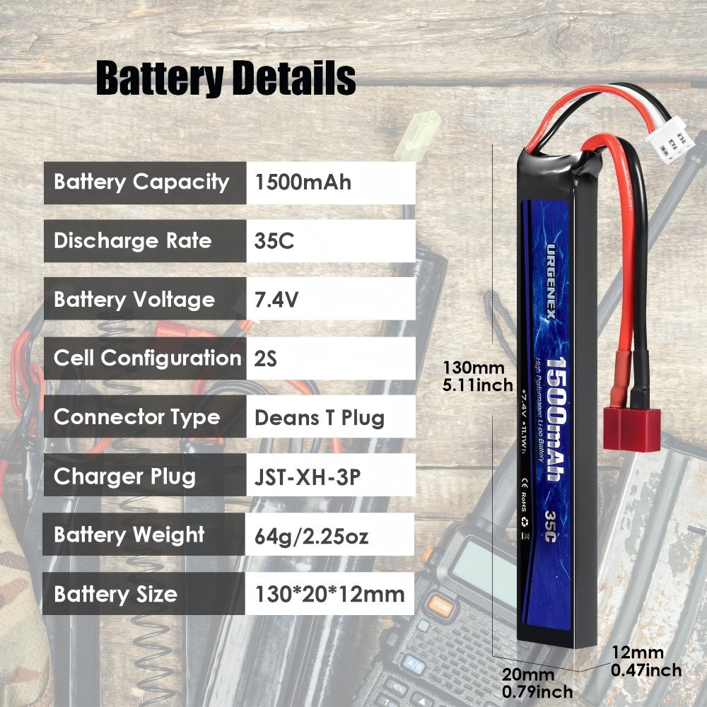 Airsoft Battery 7.4 V 1500 mAh 35C High Discharge Rate Lipo Battery Pack with Deans T Plug Rechargeable 2S Lipo Battery for Airsoft Model Guns