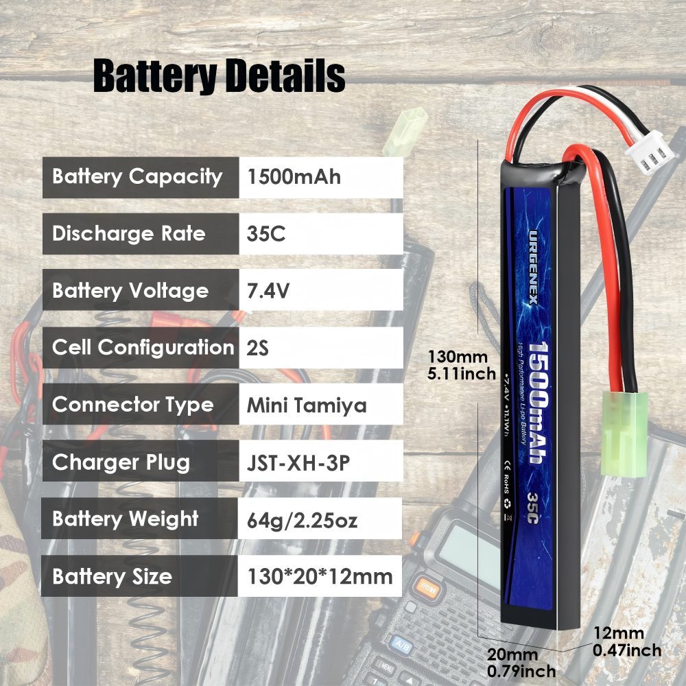 Airsoft Battery 7.4 V 1500 mAh 35C High Discharge Rate Lipo Battery Pack with Mini Plug Rechargeable 2S Lipo Battery for Airsoft Model Guns