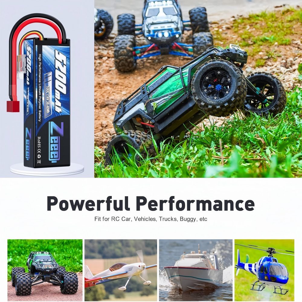 2S LiPo Battery 7.4 V 100 C 5200 mAh with T Connector Hard Case Battery for RC Car, RC Plane, RC Helicopter, RC Hobby (2 Packs)