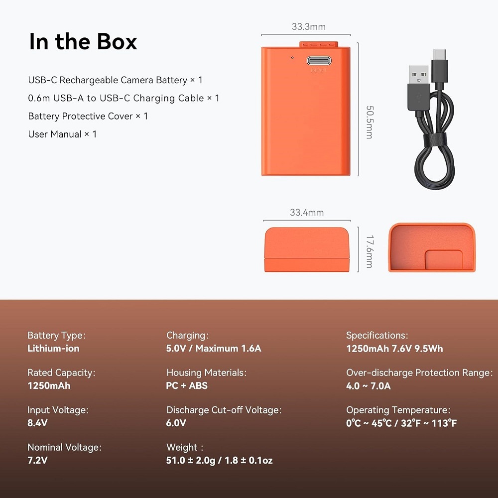 Battery for EN-EL25 1250mAh USB-C Battery Replacement Battery for Nikon Z30 / Z50 / Z50 II/Z fc, 1.75 Hours Fully Charged Rechargeable Camera Battery for Nikon Z50, Z fc, Orange - 4967