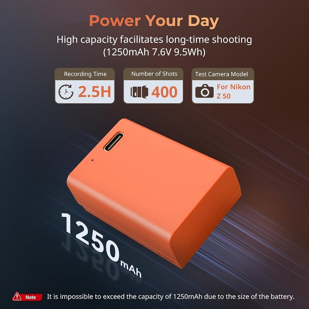 Battery for EN-EL25 1250mAh USB-C Battery Replacement Battery for Nikon Z30 / Z50 / Z50 II/Z fc, 1.75 Hours Fully Charged Rechargeable Camera Battery for Nikon Z50, Z fc, Orange - 4967