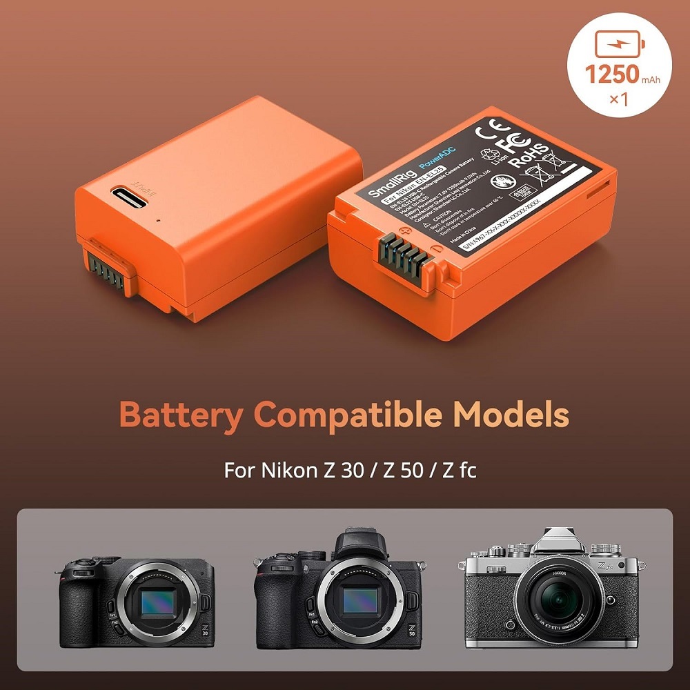 Battery for EN-EL25 1250mAh USB-C Battery Replacement Battery for Nikon Z30 / Z50 / Z50 II/Z fc, 1.75 Hours Fully Charged Rechargeable Camera Battery for Nikon Z50, Z fc, Orange - 4967