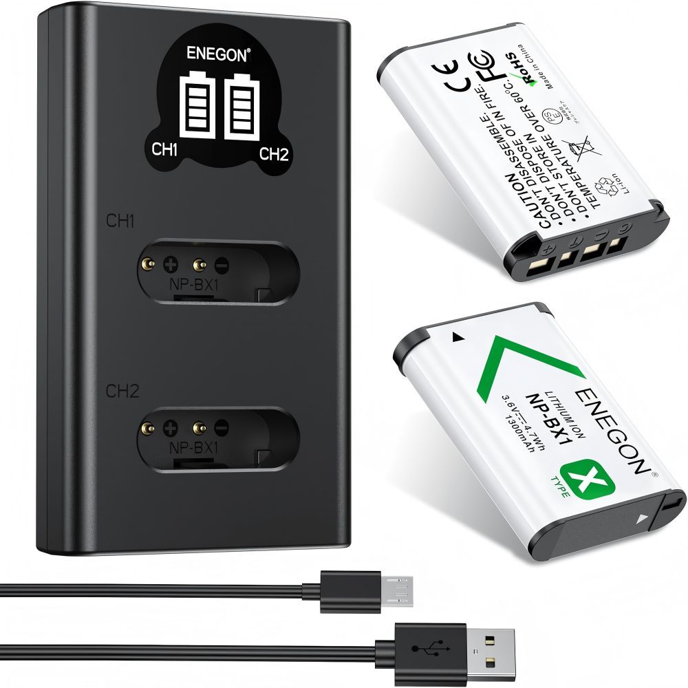 NP-BX1 Battery (1300 mAh 2-Pack) and LCD Charger Suitable for Sony NP-BX1 and Sony ZV-1, Cyber-Shot DSC-RX100, DSC-RX100 II/III/M4/M5/M6/M7/Inch///VA, DSC-RX100M II, HDR-CX405