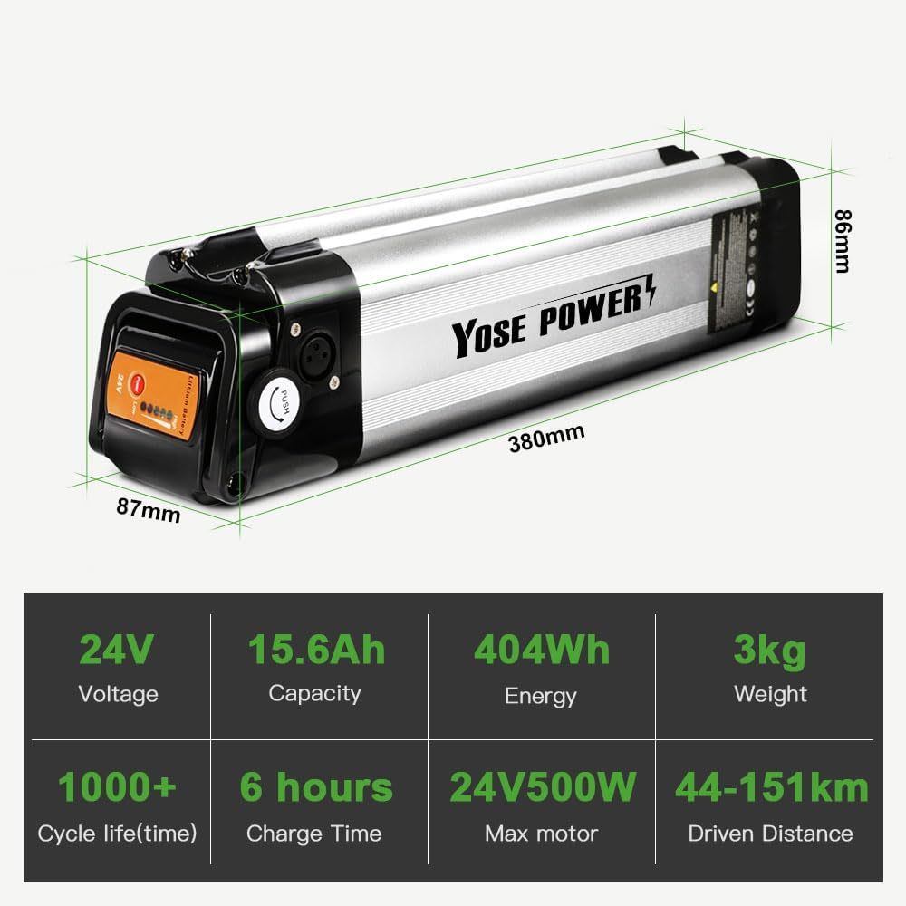 E-Bike Battery 24V 15. Ah Li-ion Battery Silverfish with Charger Compatible with Phylion/XH259-10J, Zhenlong/ZL1010-F, Phylion, MiFa, Rex (24V 15.6Ah Battery with Charger)