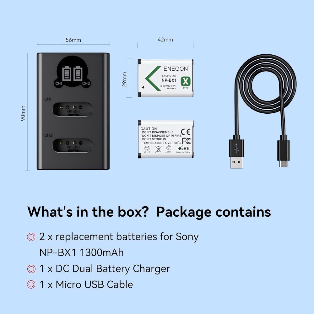 NP-BX1 Battery (1300 mAh 2-Pack) and LCD Charger Suitable for Sony NP-BX1 and Sony ZV-1, Cyber-Shot DSC-RX100, DSC-RX100 II/III/M4/M5/M6/M7/Inch///VA, DSC-RX100M II, HDR-CX405