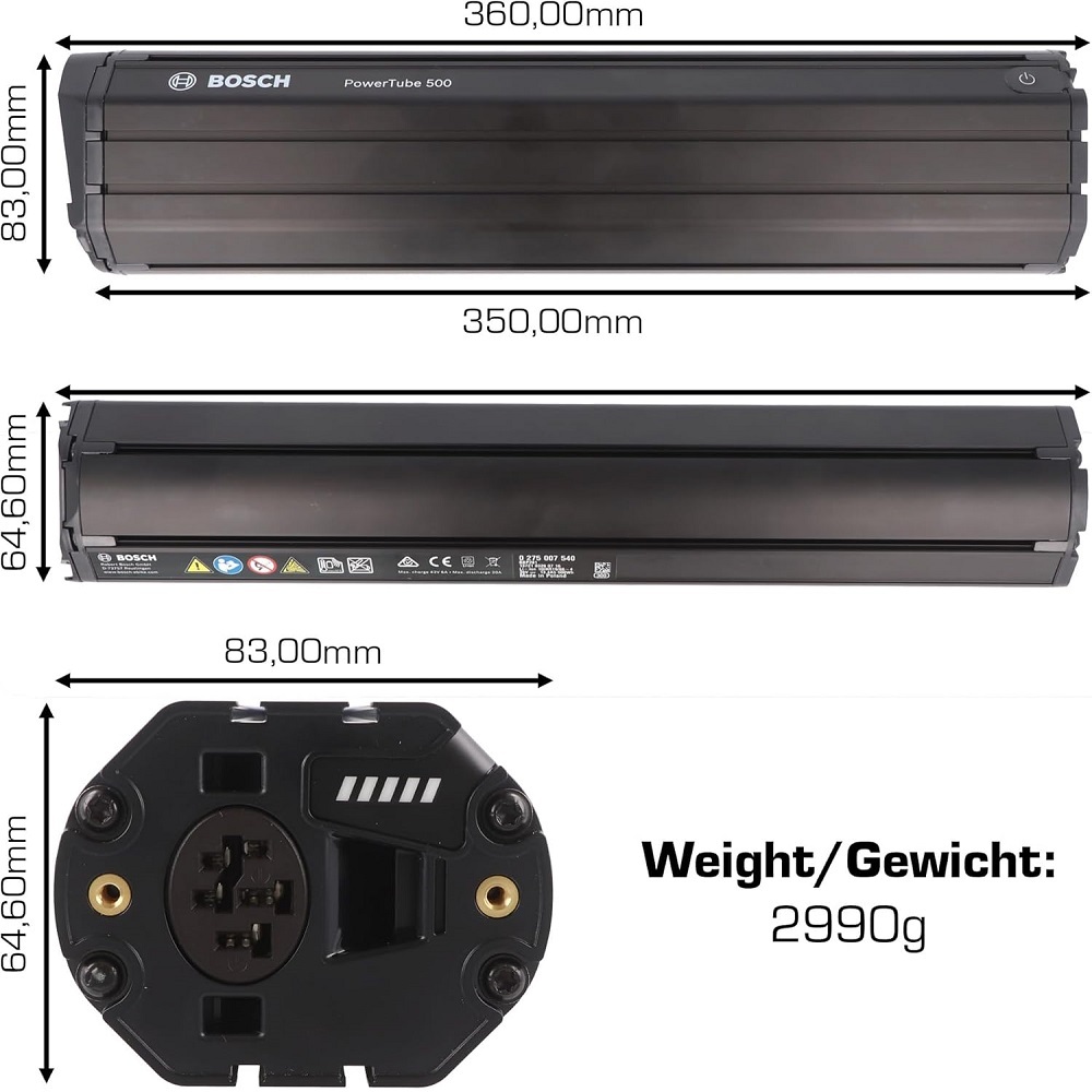 Bosch Power Tube Vertical Dangerous Box and Instructions Integrable Black 500Wh