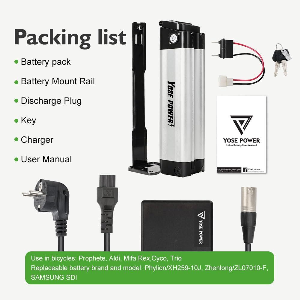 E-Bike Battery 24V 15. Ah Li-ion Battery Silverfish with Charger Compatible with Phylion/XH259-10J, Zhenlong/ZL1010-F, Phylion, MiFa, Rex (24V 15.6Ah Battery with Charger)