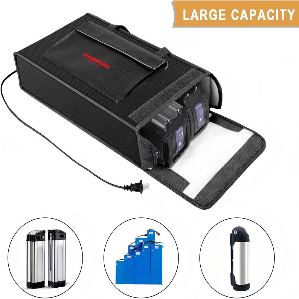 Battery Bag Ebike Battery Bag Fireproof up to 2000°F Explosion-Proof Lipo Bag Compatible with 2 E-Bike Batteries Thick Shockproof Safe Battery Box Charging Transport Storage 45 x 12 x 25 cm