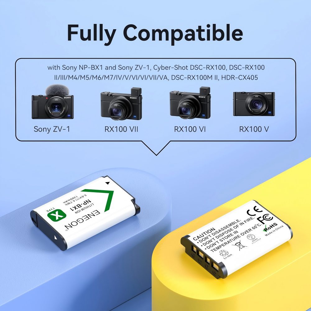 NP-BX1 Battery (1300 mAh 2-Pack) and LCD Charger Suitable for Sony NP-BX1 and Sony ZV-1, Cyber-Shot DSC-RX100, DSC-RX100 II/III/M4/M5/M6/M7/Inch///VA, DSC-RX100M II, HDR-CX405