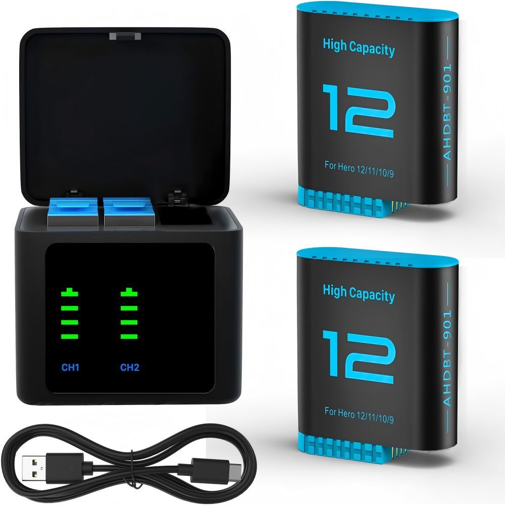 Hero 12 Battery 2580mAh and LED 3 Channel USB Charger, High-Range Battery for GoPro Hero 12/11/10/9 Black Enduro Rechargeable Cameras with Type C 2 Packs