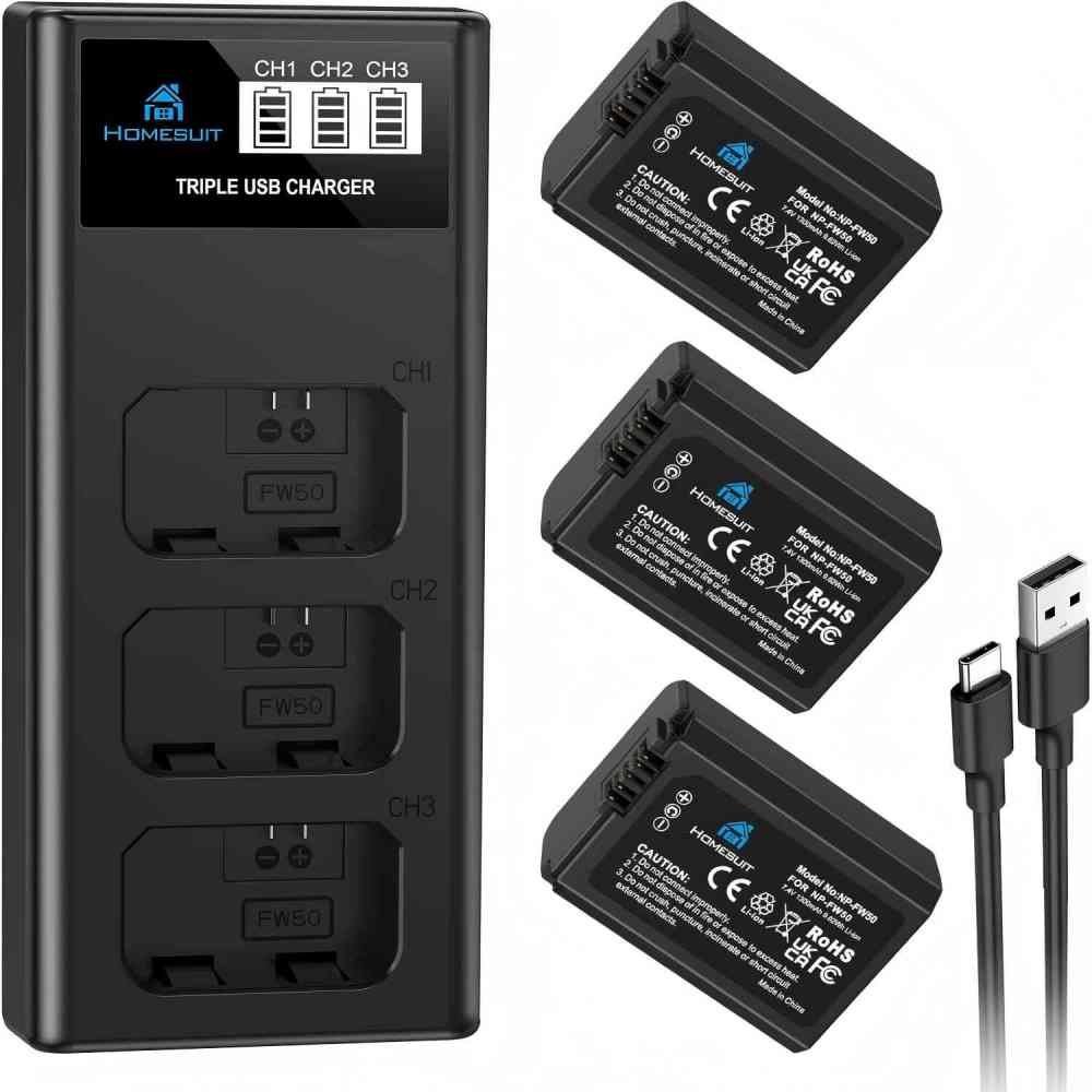 Sony NP-FW50 Battery 1300mAh & LCD Charger Kit for Sony Alpha A6000 A6300 A6400 A6500 ZV-E10 7RM2 A7SM2 A7M2 A7II A7RII A7SII A55 A5000 A5100 A300 00 00 RX0 II III IV NEX-3/5/6/7 NEX-F3 (3 Packs)