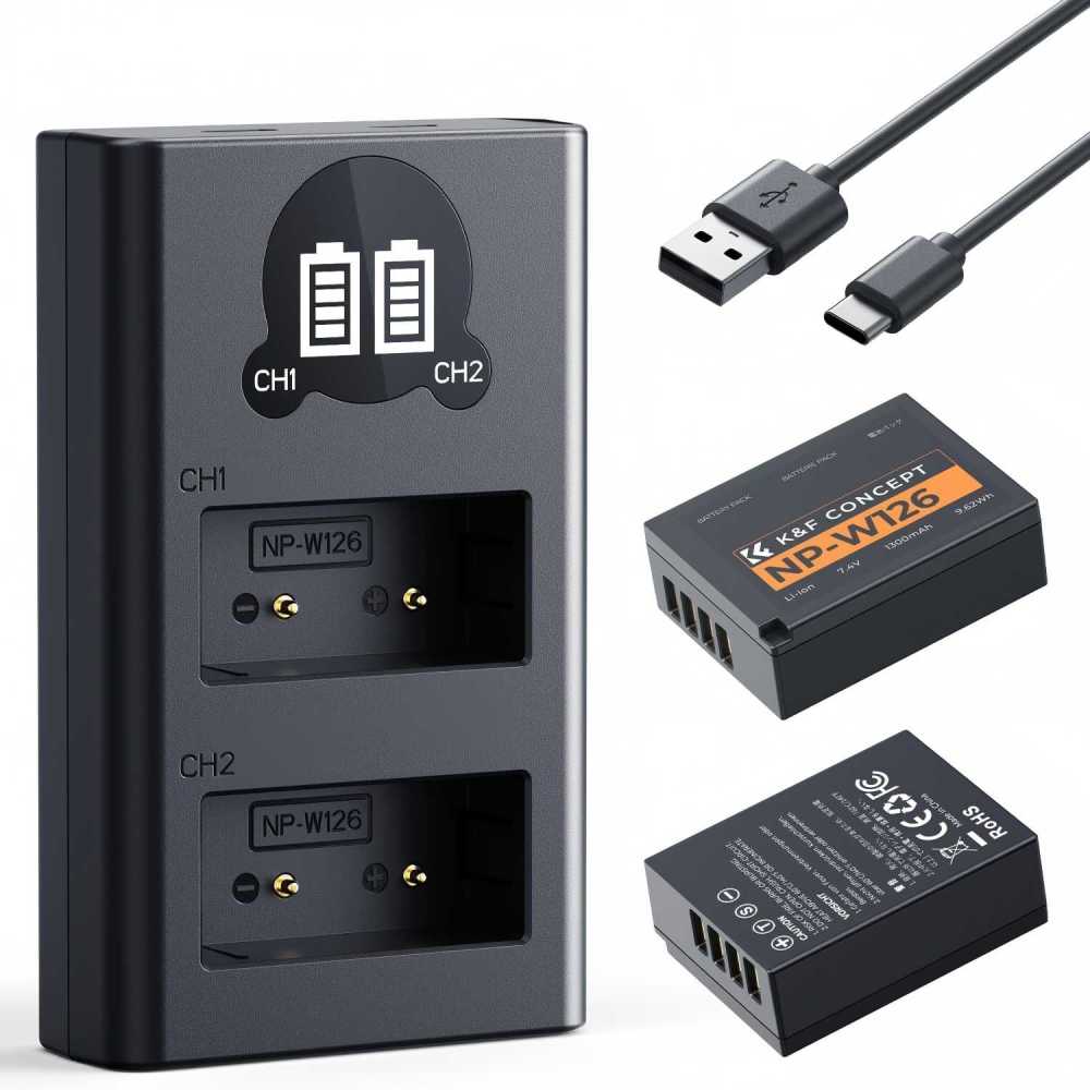 Fujifilm NP-W126 NP-W126S Battery Charger and  2 Battery Packs Compatible with Fujifilm XM5/X100VI/X100V/XS10/XT30/XT30 II/XT20/XE4/A5, Carica Rapido, Ingresso Type-C & Micro USB