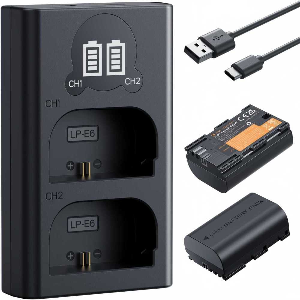 Canon LP-E6NH battery,LP-E6NH High Capacity 2600 mAh Two Batteries and One Charger and 2 Slot Charger Battery Kit, Compatible with Canon EOS R7 R5 EOS R6 EOS R 5D II III IV 6D II 7D II 60D 70D 80D