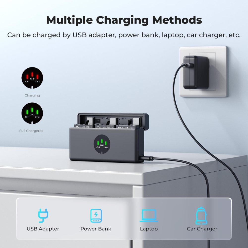DJI Osmo Action 5 Pro Battery Pack (3-Pack) with Charger, 2100mAh Battery, OSMO Action 5 Pro Battery Charger Compatible with DJI Osmo 360 Action 6  Action 5 Pro  Action 4  Action 3 Camera