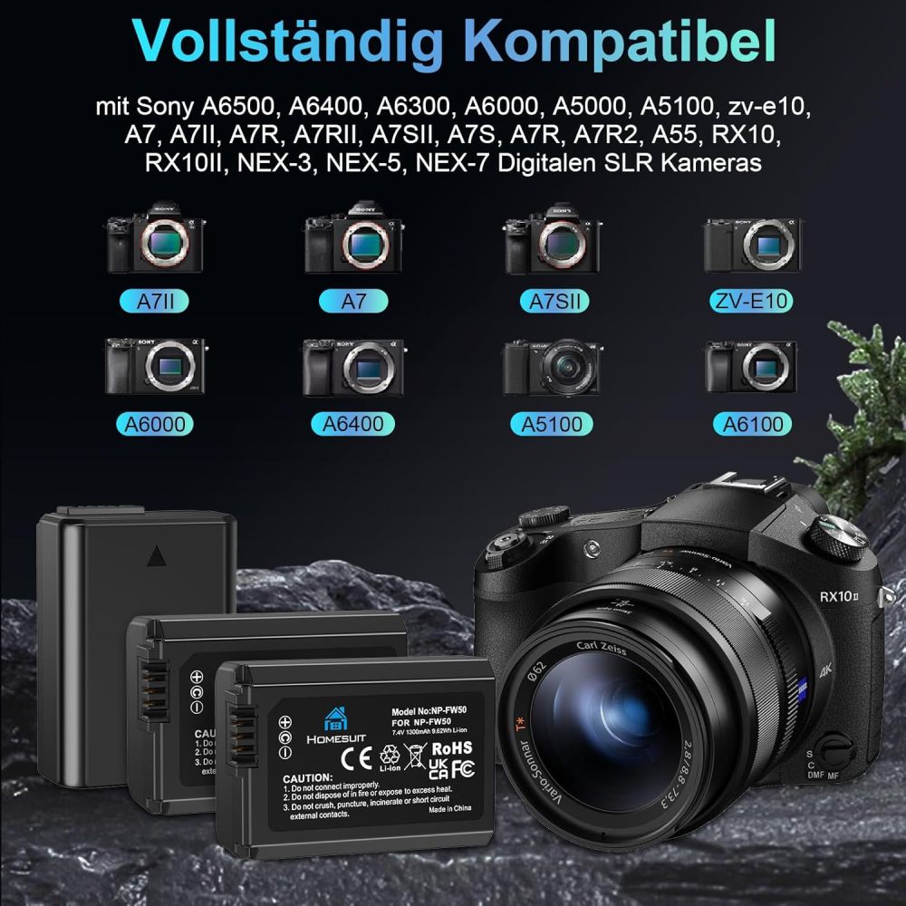 Sony NP-FW50 Battery 1300mAh & LCD Charger Kit for Sony Alpha A6000 A6300 A6400 A6500 ZV-E10 7RM2 A7SM2 A7M2 A7II A7RII A7SII A55 A5000 A5100 A300 00 00 RX0 II III IV NEX-3/5/6/7 NEX-F3 (3 Packs)