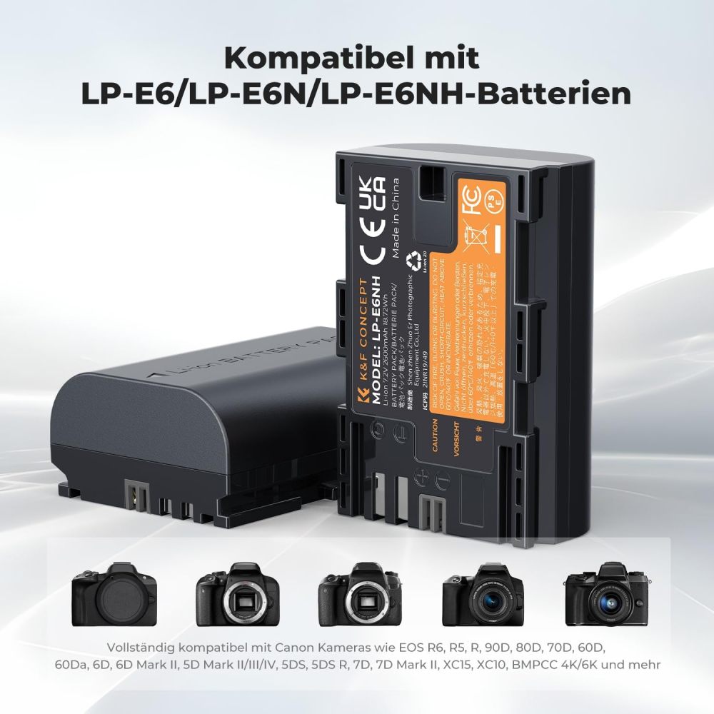 Canon LP-E6NH battery,LP-E6NH High Capacity 2600 mAh Two Batteries and One Charger and 2 Slot Charger Battery Kit, Compatible with Canon EOS R7 R5 EOS R6 EOS R 5D II III IV 6D II 7D II 60D 70D 80D