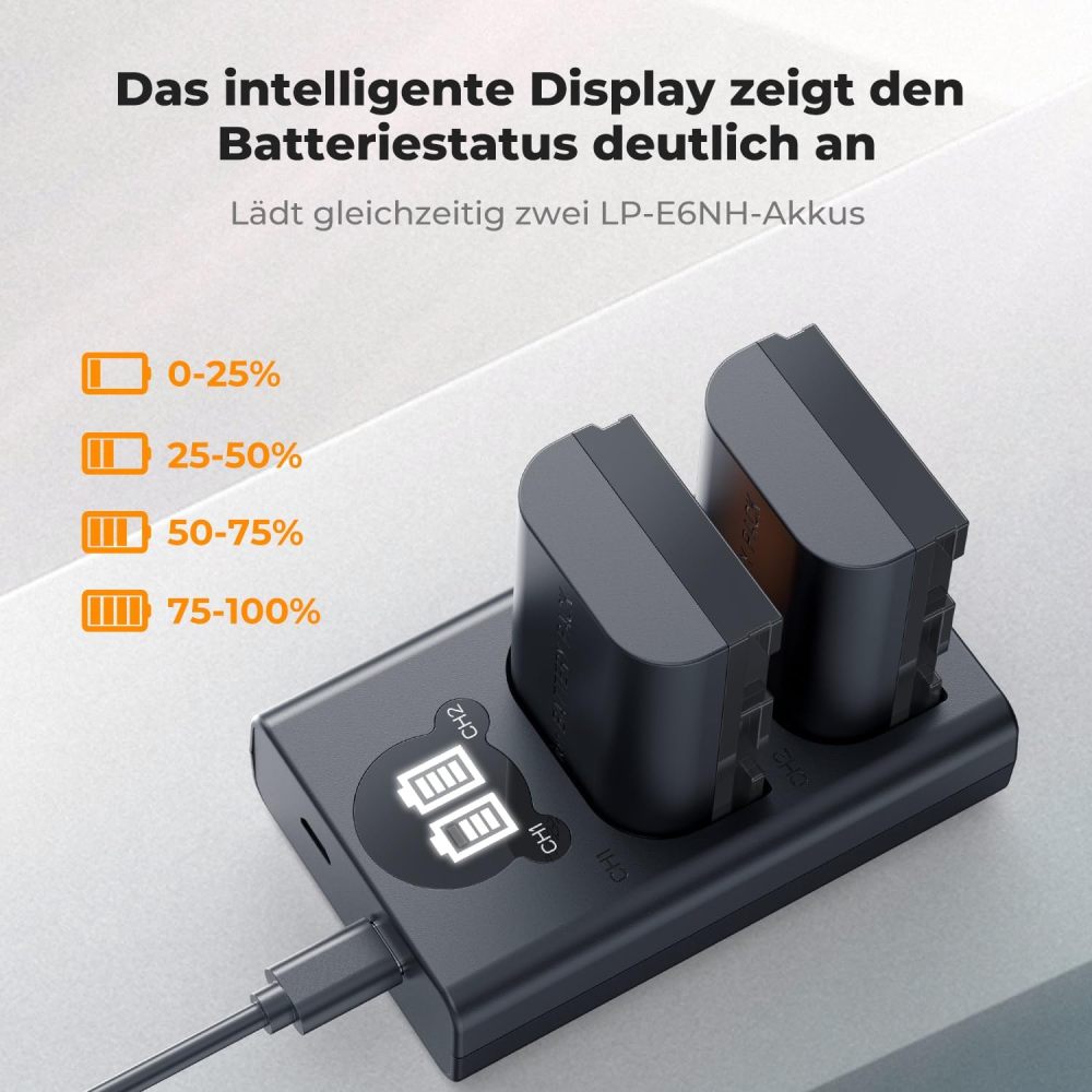 Canon LP-E6NH battery,LP-E6NH High Capacity 2600 mAh Two Batteries and One Charger and 2 Slot Charger Battery Kit, Compatible with Canon EOS R7 R5 EOS R6 EOS R 5D II III IV 6D II 7D II 60D 70D 80D