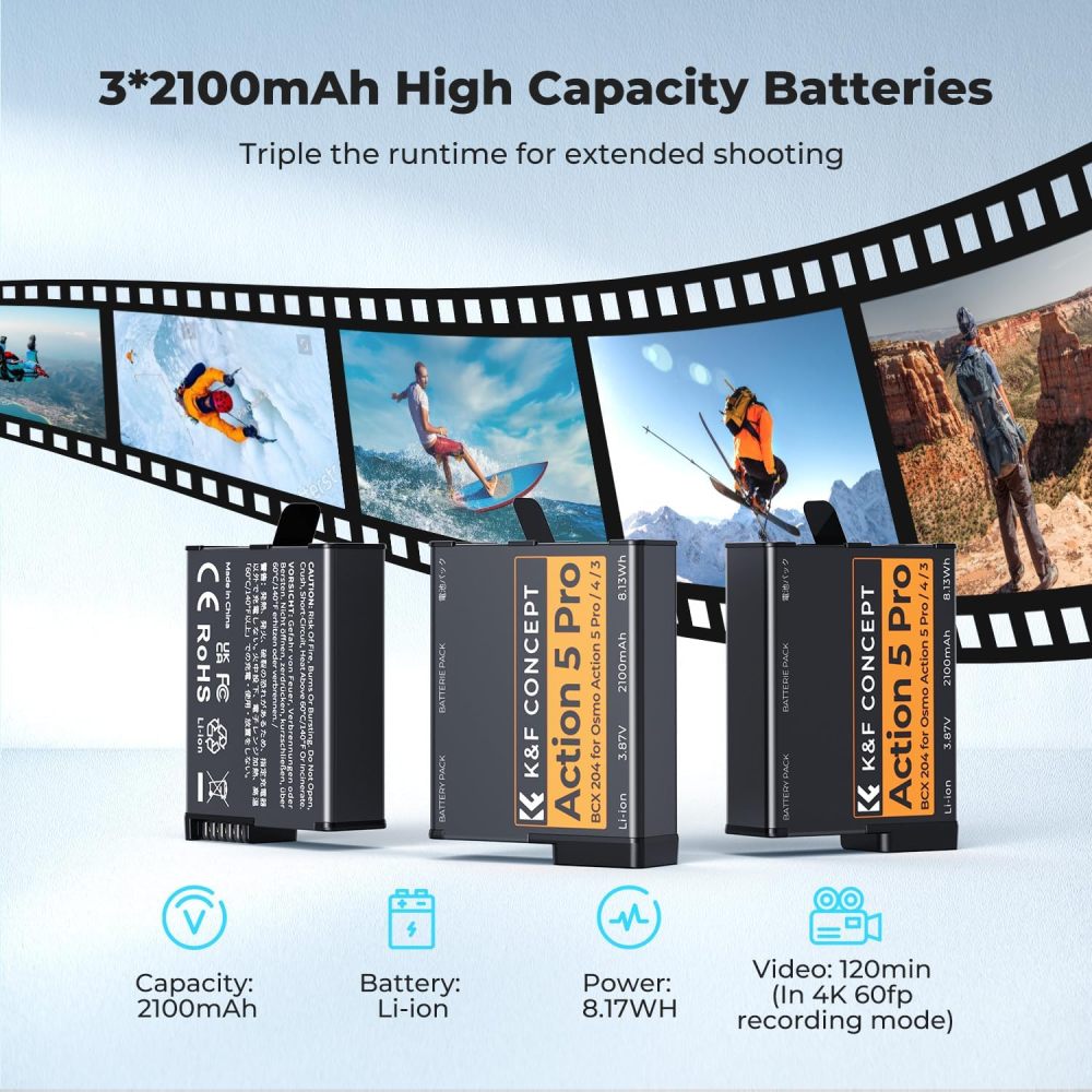 DJI Osmo Action 5 Pro Battery Pack (3-Pack) with Charger, 2100mAh Battery, OSMO Action 5 Pro Battery Charger Compatible with DJI Osmo 360 Action 6  Action 5 Pro  Action 4  Action 3 Camera