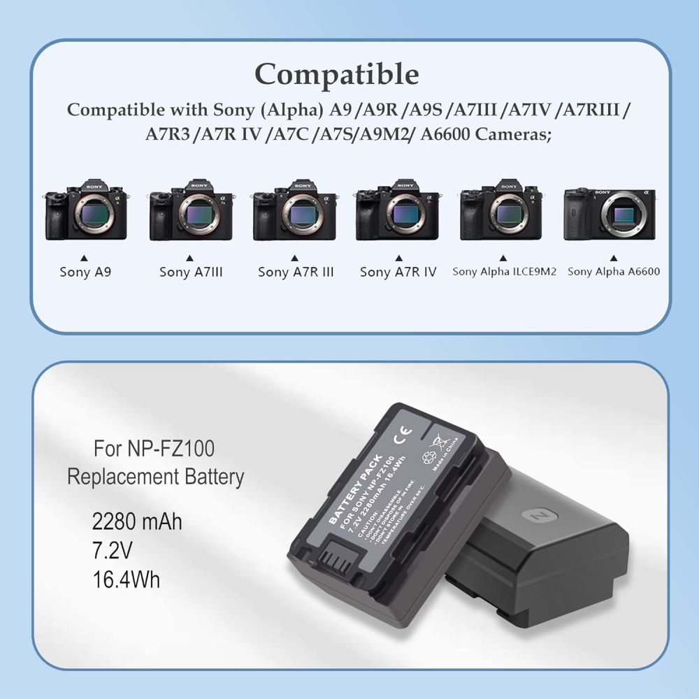 Sony NP-FZ100 Batteries 2 Packs and Smart LED Dual USB Charger for Sony Alpha A7III A7IV A7RIII A7R3 A7R IV A7C A7S, 7III 7IV 7RIII 7R3 7R IV 7C 7S α7C, 6700 6600 A6700 A6600 A9 A9R A9R A9 S 9 9S 9R Camera