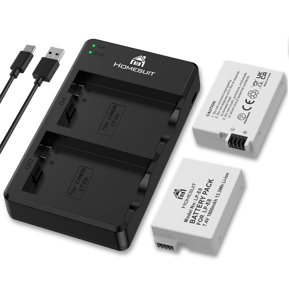 LP-E8 Battery 1800mAh  Camera Battery,Charger Sets and LED USB Dual Charger for Canon EOS Rebel T2i T3i T4i T5i EOS 550D 600D 650D 700D Kiss X4 X5 X6 X6i X7i Camera (Pack of 2)
