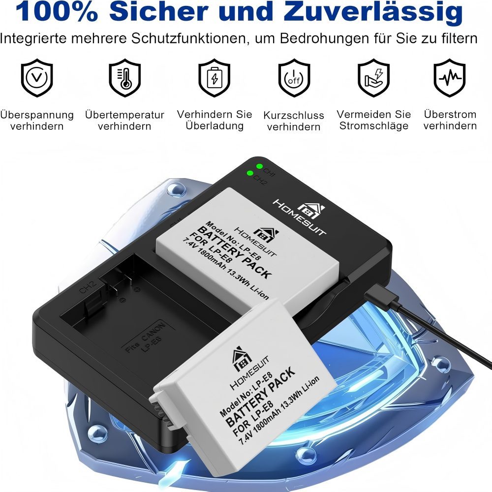 LP-E8 Battery 1800mAh  Camera Battery,Charger Sets and LED USB Dual Charger for Canon EOS Rebel T2i T3i T4i T5i EOS 550D 600D 650D 700D Kiss X4 X5 X6 X6i X7i Camera (Pack of 2)